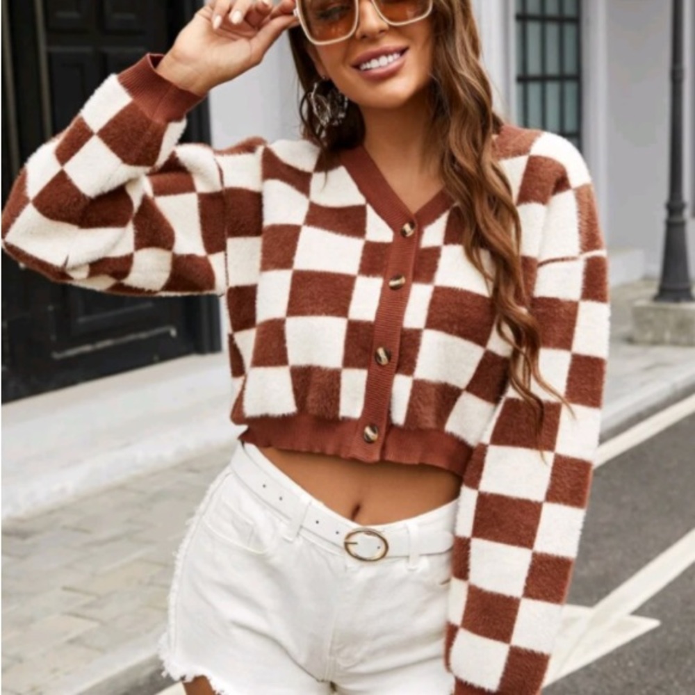 Brown and White Checkered Women's Sweater
